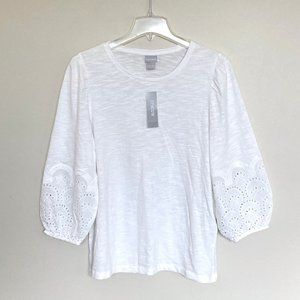 NEW Chicos Cotton Slub Eyelet 3/4 Sleeve Tee Top White Blouse Shirt
